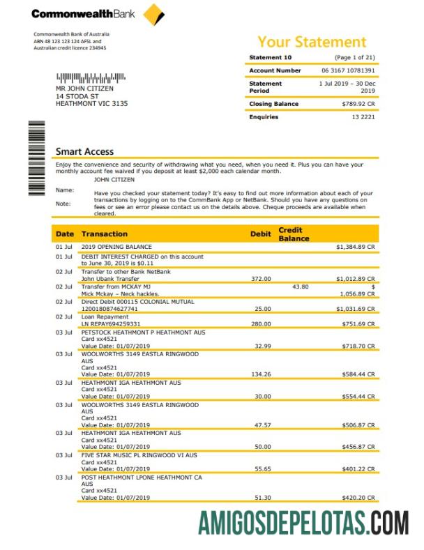 Modelo realista de extrato bancário da Commonwealth da Austrália em formato Word e PDF, bom para provar endereço